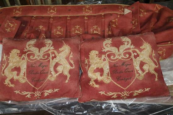 2 prs of Andrew Martin red ground lined & interlined curtains, pelmets & tie backs, & matching pr of cushions (some fading on edges)